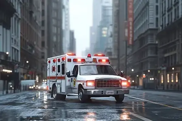 This image shows an ambulance driving through a city street. The scene is set in a modern urban environment with tall buildings, illuminated by city lights and the blue glow of early morning or evening, possibly in rainy conditions given the wet pavement. The ambulance has its lights flashing, indicating an urgent response.